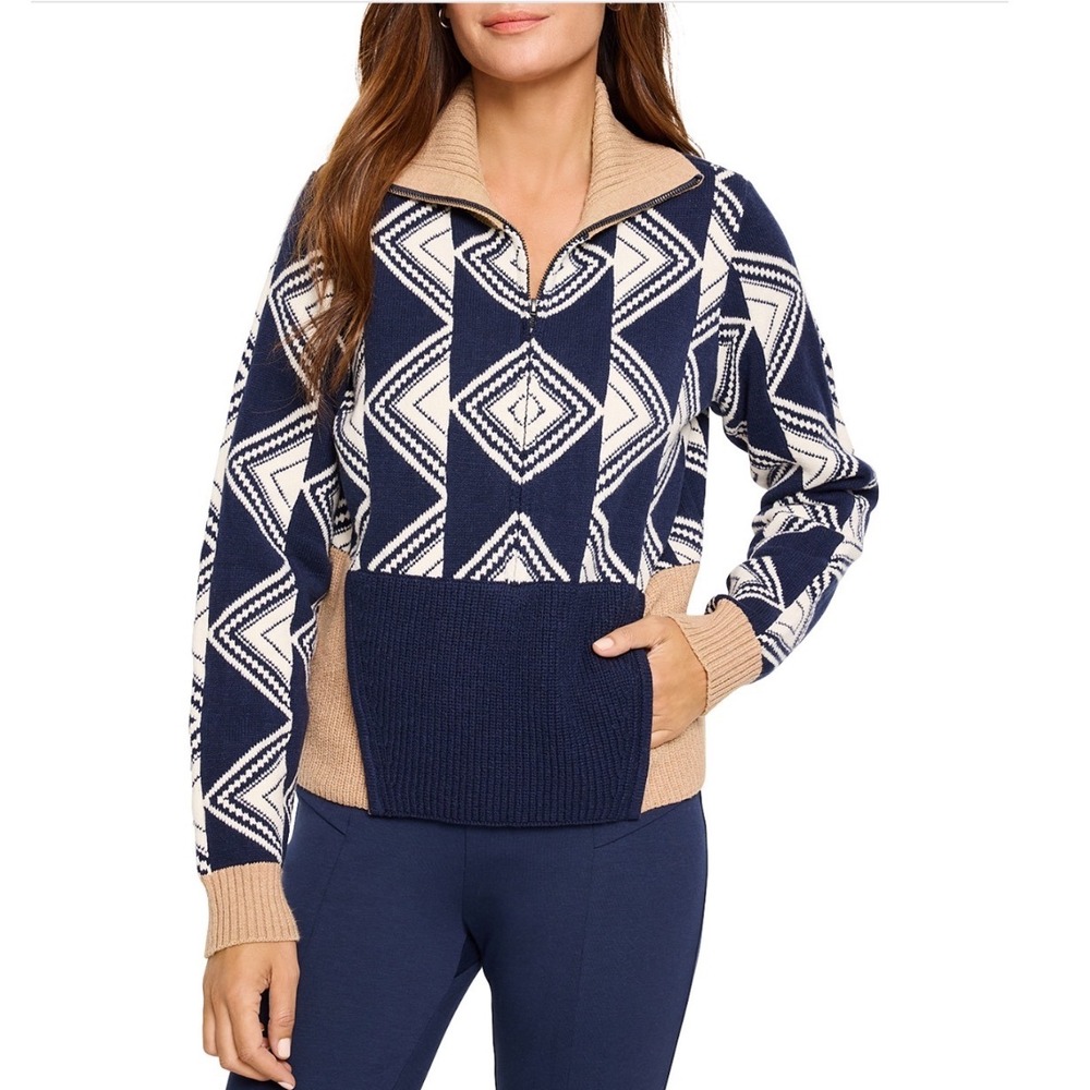NIC+ZOE Double Diamond Half Zip Sweater‎ Indigo Multi Size Medium